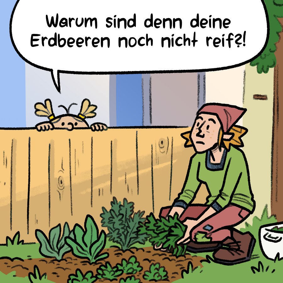 Mia und Mona unterhalten sich im Garten.