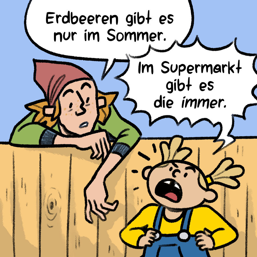 Mia und Mona unterhalten sich über Erdbeeren.