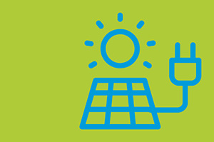 Die Darstellung eines Photovoltaik-Grids unter einer strahlenden Sonne, von der ein Stromkabel abgeht.