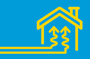 Die Darstellung eines Hauses, in dessen Inneres durch zwei angedeutete Leitungen Wärme gespeist wird.